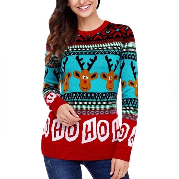 Reindeer Ugly Christmas Sweater HO HO HO Mixed Pattern Red Blue Size M - Picture 1 of 17